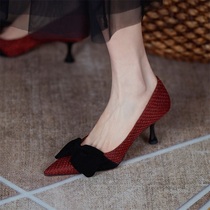 Givenivan temperament~French leather mesh red braided pointed bow fine heel shallow high heel shoes