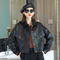 2021 autumn and winter new leather short slim coat womens sheep leather casual Joker lapel machine jacket