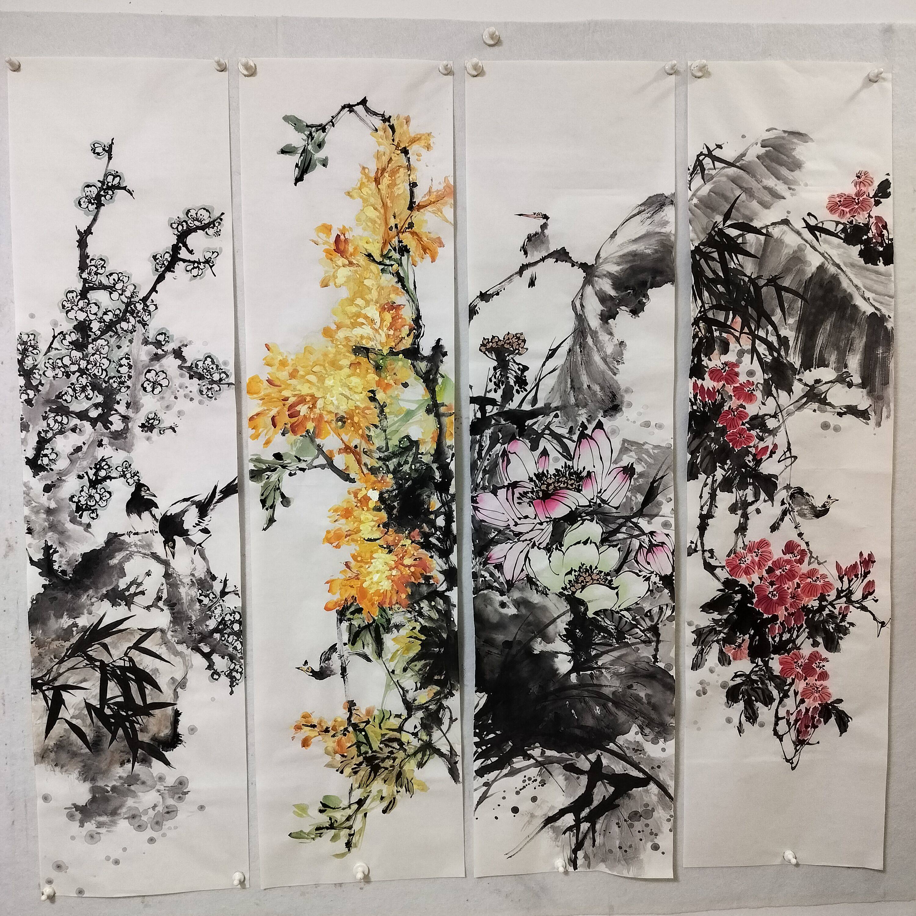 中国古美術★純手描き四条屏・梅兰竹菊画芯★国画・鄭板橋印款・肉筆・宣紙・带水印 梅兰竹菊四条屏纯手绘画芯-梅兰竹菊四条屏纯手绘画芯促销价格、梅兰竹