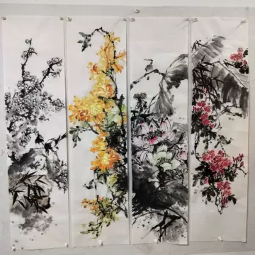 中国古美術★純手描き四条屏・梅兰竹菊画芯★国画・鄭板橋印款・肉筆・宣紙・带水印 梅兰竹菊四条屏纯手绘画芯-梅兰竹菊四条屏纯手绘画芯促销价格、梅兰竹