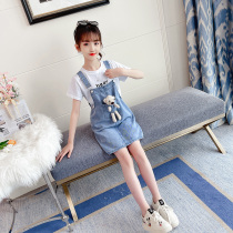 Girls denim skirt summer set Net red in the big childrens belt skirt childrens summer dress suspender skirt dress to send Bear