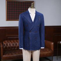 IsirHonour summer Italian half rib double breasted pure linen slim fit suit vintage royal blue khaki suit men