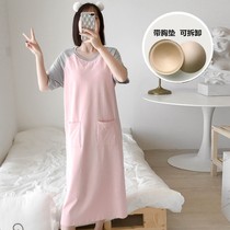 Short-sleeved nightdress summer thin with chest pad cotton extended student simple Korean casual pajamas female home wear