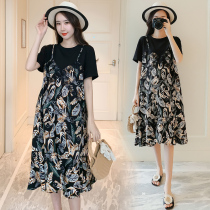 Maternity summer dress large size maternity skirt medium and long summer fashion stitching loose floral maternity dress tide