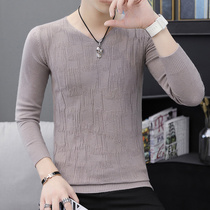 Long-sleeved T-shirt mens autumn new knitted base shirt thin V-neck fashion versatile top mens casual sweater trend