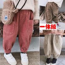 Men's and women's pants fall winter one-piece velvet padded wear 2021 foreign style loose casual baby corduroy radish pants