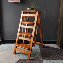 Indoor mobile four-step climbing ladder solid wood household multi-function folding ladder stool rack climbing ladder