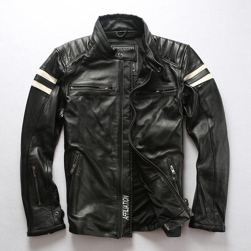 Autumn and winter new leather leather mens head layer cowhide motorcycle jacket Color stand collar mens leather jacket
