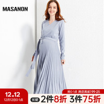 MASANON maternity autumn winter clothing 2021 new long V collar loose fashion pleated knitted nursing dress