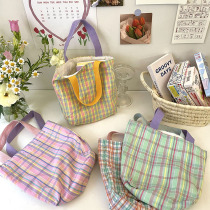 Korea ins fresh plaid mini small bag Student lunch box bag handbag Bento bag Carry books out portable