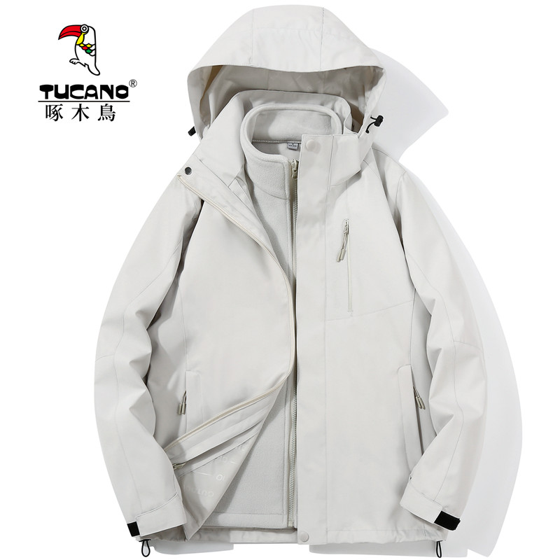 キツツキアウトドアジャケット冬男性と女性のスリーインワン 2 点セット厚みのある防風防水登山暖かいジャケット