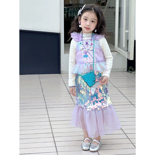 Демисезонный наряд маленькой принцессы, комплект, блестки для ногтей, жилет, платье, в западном стиле, крой «рыбий хвост»