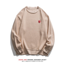 Couple thick waffle round neck pullover sweater men winter Japanese retro warm khaki solid color sweater
