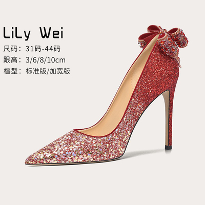 taobao agent Lily wei【Cinnabar mole】Red high -heeled shoes new wedding shoes show show shoes small size women's single shoes 313233