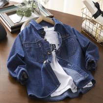 Soft and soft denim ~ boy denim shirt 2022 spring autumn new children girl turns the foreign air long sleeve shirt