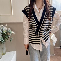 Early Autumn new fashion Joker striped knit cardigan vest waistcoat waistcoat women 2021 Korean ins