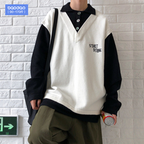 Hong Kong wind base sweater Autumn and winter loose fake two-piece sweater mens Korean version of the trend college wind with thickening