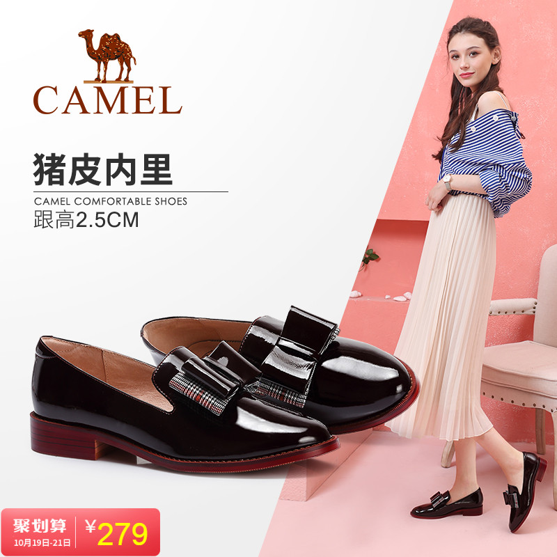 Camel women's shoes 2018 autumn new fashion comfortable square with sets of feet British bow Korean version of the wild single shoes women
