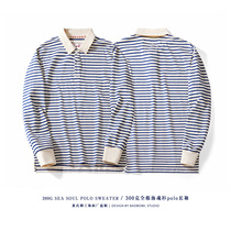 300g national cotton factory cotton autumn and winter striped heavy polo shirt men's Ami Kakji lapel Japanese long sleeve T-shirt