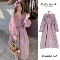Pregnant women autumn dress 2021 Spring and Autumn New High v collar autumn skirt Net red dress set fashion