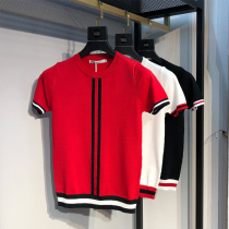 New mens striped ice silk knitted short-sleeved T-shirt summer fashion fashion breathable wild half-sleeve tide mens T-shirt