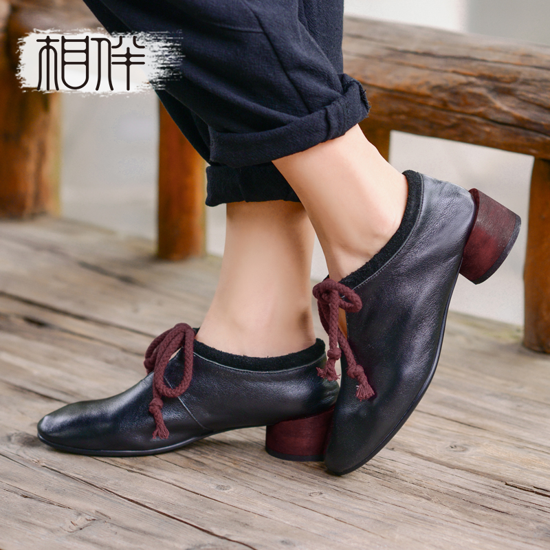 Comfortable lacing round-headed, deep-mouthed thick-heeled single shoes with autumn new leather fashion women's shoes