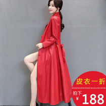 Leather leather clothing womens long sheep leather slim thin knee leather windbreaker middle-aged Lady Spring and Autumn leather jacket