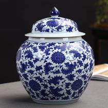 Jingdezhen ceramics antique blue and white tangled lotus general jar storage jar with lid ornaments Chinese-style living room decorations