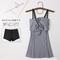 Wu Xuanyi Same Japanese Plaid One-Piece Skirt Girl Swimsuit Cute Bow Belly Two-Piece Swimsuit