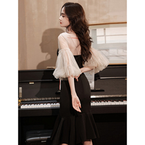 Fan-style black small evening gown woman banquet temperament Short normal can wear foreign dress satin fish tail Birthday Dress