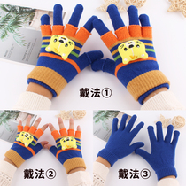 Children Gloves Winter Halffinger Hair Line Warm Boy Girl Students Write Dual-use Baby Knit Fingertips