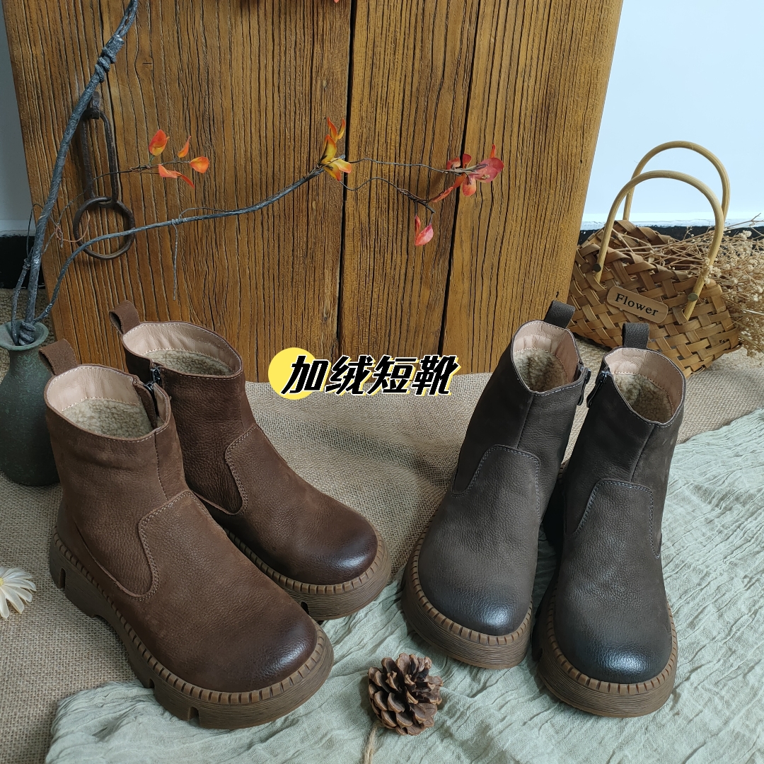 2336-111 New Autumn and Winter Vintage Style Genuine Leather Plush Thick Bottom Round Head Comfortable Mid length Women's Boots
