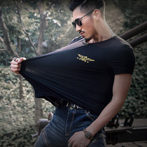Military fans outdoor sports love Chinese round neck V-neck mens tight elastic fitness training short sleeve t-shirt