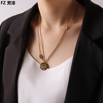 Titanium steel double letter round card necklace Female retro light luxury niche design s cold wind sweater chain Clavicle chain