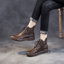 Leather boots women 2021 new autumn and winter flat Martin boots soft bottom soft surface low top single boots casual lace-up womens shoes