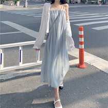 French retro fashion maternity dress summer womens large size Foreign style super fairy suspender sunscreen shirt two-piece set