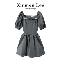 XinmonLee Li Xing Dream 2022 Spring Summer New Law-style small crowdfolded waist square collar grey Dont make a high sense
