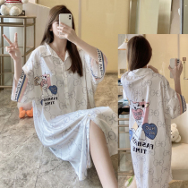 2022 New ice silk cotton silk sleeping dress in sleeves shirt style womens loose cardiovert summer thin pyjamas home clothes
