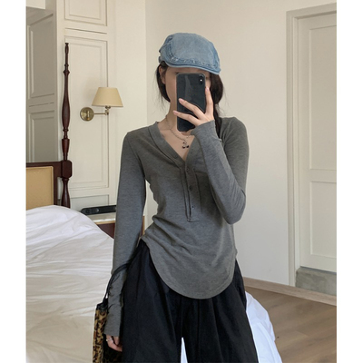 taobao agent Autumn T-shirt, long-sleeve, top, plus size, V-neckline
