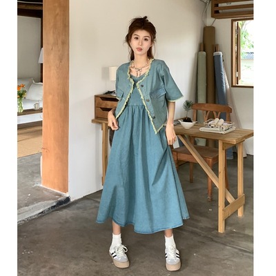 taobao agent Summer blue slip dress, long denim jacket, set, plus size, maxi length