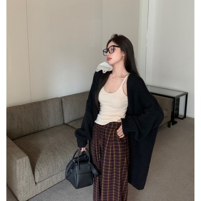 taobao agent Black autumn sweater, jacket, long knitted cardigan, plus size, mid-length