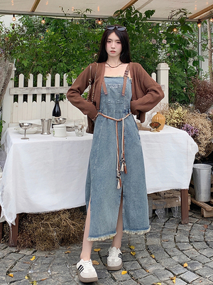 taobao agent Design retro autumn denim dress, cardigan, set, plus size, trend of season, lifting effect, fitted