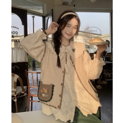 taobao agent Doll, knitted vest, autumn set, top, plus size, doll collar, fitted, western style