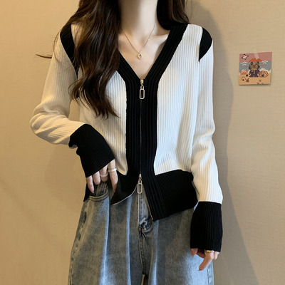 taobao agent Demi-season cardigan with zipper, autumn jacket, sexy sweater, top, plus size, V-neckline, fitted