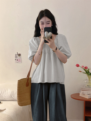 taobao agent Shiffon summer doll, top, plus size, square neckline, with short sleeve, fitted