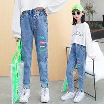Children Pants Spring Clothing Long Pants 2021 New Girl Spring Autumn Jeans Foreign Air Most Children Han Prints Old Daddy Pants Tide