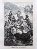 1885 woodcut print meeting of two boats hand account material Middle vintage