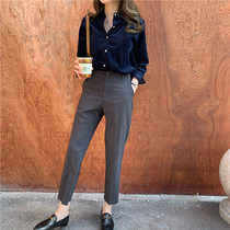 Ms Lori Custom Temperament Up Japan Fabric Horn Buckle Hemp Grey Medium-high Waist 90% West Dress Pants Woman