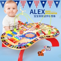 American ALEX baby Game Table baby children multifunctional early education puzzle learning Table 1-3 years old wooden toy table
