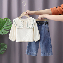 Childrens clothing autumn 2021 New Girl Net red Yang Qi autumn womens baby square collar doll shirt wide leg pants set